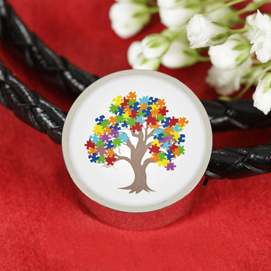 Autism Tree Circle Charm Leather Bracelet