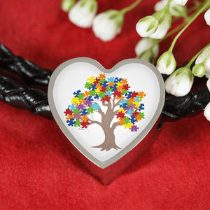 Autism Tree Heart Charm Leather Bracelet